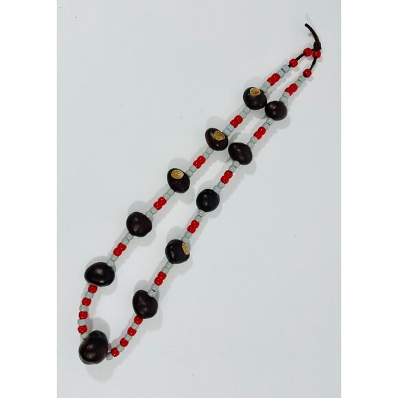 Handmade Buckeye Nut Necklace With Red & Gray Beads For Sports Fans Ohio State E - Picture 2 of 11